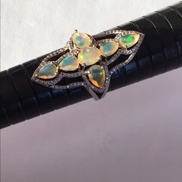 Large Sterling Ethiopian Opal Gothic Cross Ring - Picture 2 of 11